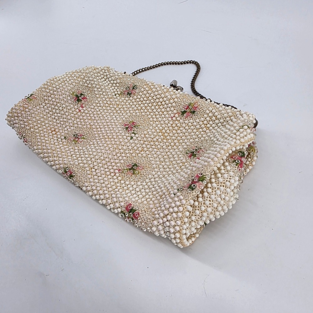 Vintage Corde Bead White Faux Pearl Floral Beaded Clutch Evening Bag Made in USA - Picture 3 of 6